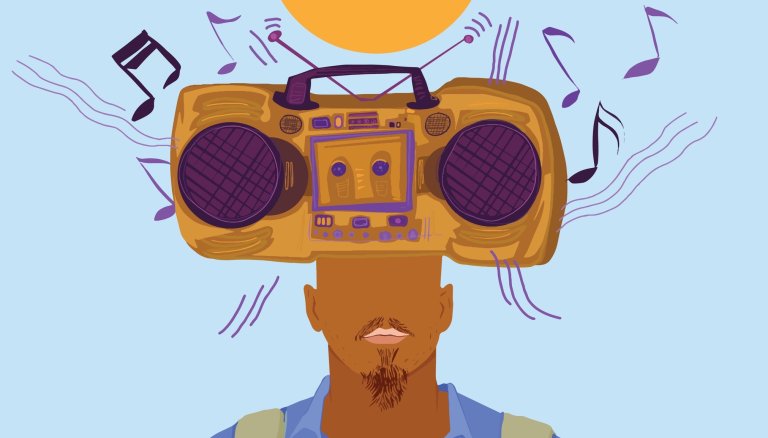 Man with a boombox on his box enjoying the music